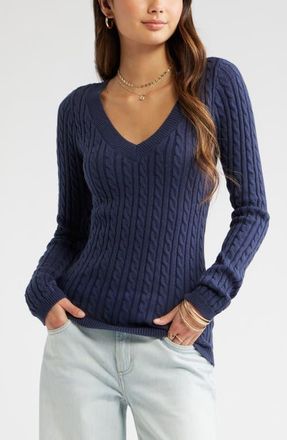 BP. Cable Stitch V-Neck Sweater in Navy Indigo at Nordstrom, Size Xx-Small