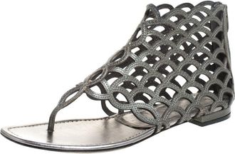 Sergio Rossi Metallic Grey Leather Cut Out Scalloped Flat Sandals