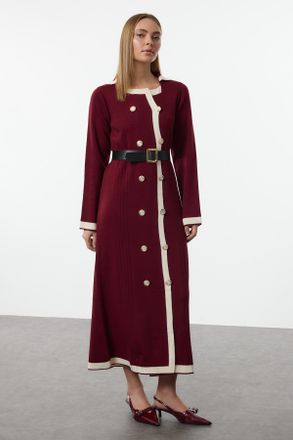 Trendyol Modest Dames Bordeaux Colorblock Maxi Lang Zakelijk A-lijn Modest Jurken
