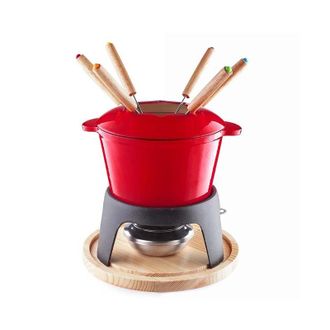 Lacor Set Fondue De Hierro Fundido Esmaltado, Soporte De Hierro Con Base De Madera, 6 Tenedores, Rojo - Lacor