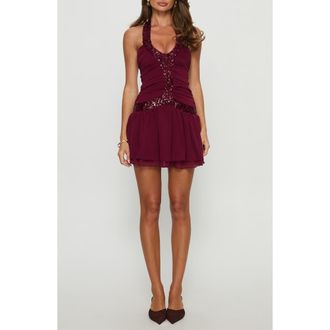 Princess Polly Aisleigh Sequin Ruched Halter Minidress in Berry at Nordstrom, Size 0