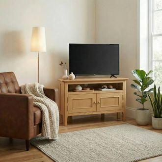 Furniturebox Belle Oak Wood Corner TV Stand in Light Brown