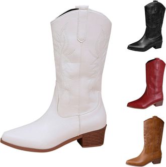 Generic Mid-Calf Cowboy Boots for Women Pointed Toe Chunky Low Heel Retro Tall Boots with Floral Embroidered Ladies Classic Comfort Pull On Design Western Foo