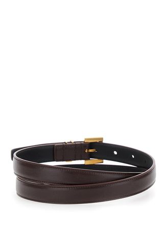 Saint Laurent Womens Belt Cassandre Loop Brown Leather Calf