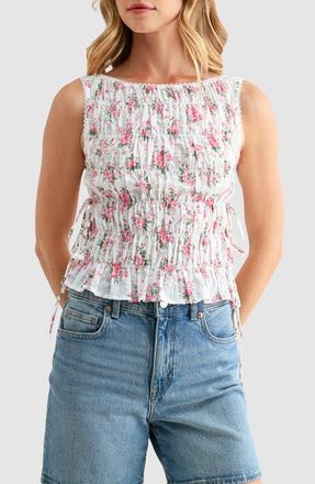 All in Favor Floral Smocked Side Tie Cotton Tank in Pink Floral at Nordstrom, Size X-Large