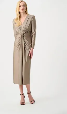 Joseph Ribkoff Satin Effect Knit Draped V-Neck Sheath Dress in Tan at Nordstrom, Size 10
