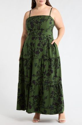Sugarlips Tindrie Floral Alvis Tiered Dress in Olive-Black at Nordstrom, Size 3X