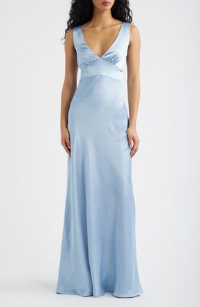Princess Polly Birdette Deep V-Neck Satin Gown in Blue at Nordstrom, Size 10