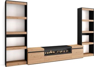 Skraut Home Skraut Home - Muebles De Sal&oacute;n Para Tv, Conjunto De Muebles Comedor, 320x186x35cm, Para Tv Hasta 80, Chimenea El&eacute;ctrica, Estilo Moderno, Roble Y Negro