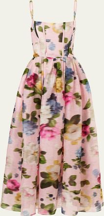 Carolina Herrera Floral Silk Faille Sleeveless Corset Midi Dress