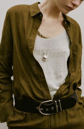 Mango Linen Button-Up Shirt in Olive Green at Nordstrom, Size 10