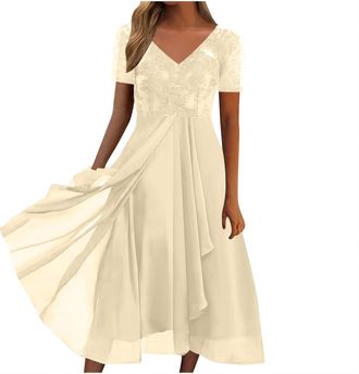 Generic Evening Dresses for Women UK Sale Clearance Sexy Lace V-Neck Midi Dress Chiffon Mesh Evening Gowns High Waist Short Sleeve Prom Dress Elegant Wedding 