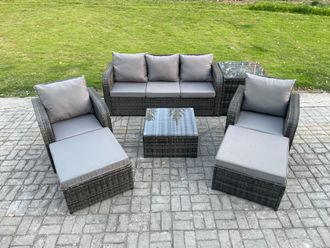 Fimous Patio Garden Furniture Sets Wicker 7 Seater Outdoor Rattan Furniture Sofa Sets with Square Coffee Table Side Table in Dark Grey