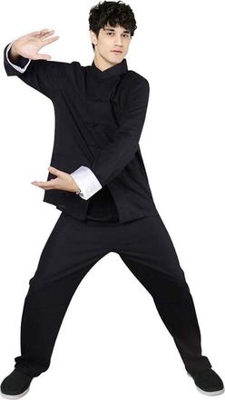 Generic Chinese Chinese Kung Fu Costume Traditional Martial Arts Wing Chun Uniform Long Sleeve Button Shirt Pants Set, 02-black(coat+pants Set), L