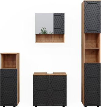 Vicco Conjunto de muebles de baño Irma, Rayas antracita, 4 piezas, con mueble alto