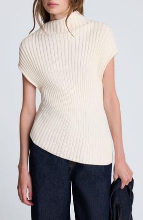Kenneth Cole Ribbed Mock Neck Asymmetric Hem Top in Oyster at Nordstrom Rack, Size Medium