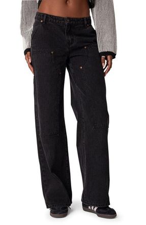 Edikted Ayla Low Rise Wide Leg Carpenter Jeans in Black-Washed at Nordstrom, Size X-Small