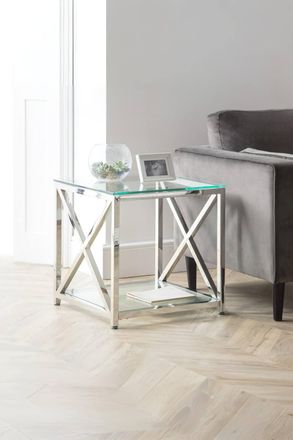 Julian Bowen Miami Glass Top Cross Frame Side Table with Shelf in Silver