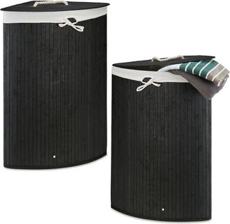Relaxdays Set de 2 Cestos Ropa Sucia Esquineros, Cubo Colada Plegable con Tapa, Canasta, Bambú, 65 x 49,5 x 37 cm, Negro