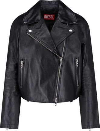 Diesel Cropped Black Leather Jacket with Asymmetrical Front