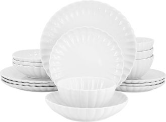 Elama Jane 16 Piece Scalloped Double Bowl Porcelain Dinnerware Set in White