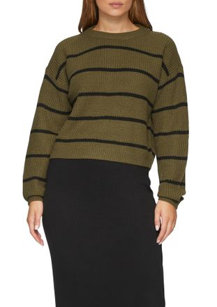 QS by s.Oliver Rundhalspullover QS, Damen, Gr. XXL, gr&uuml;n (khaki, schwarz stripes), Strick, Obermaterial: 100% Polyacryl, gestreift, regular fit taillenbedeckt, Rundh
