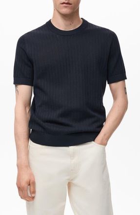 Mango Openwork Stripe Cotton Top in Navy at Nordstrom, Size Small