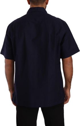 Dolce & Gabbana Mens Navy Blue Button Down Short Sleeves Shirt Flax Cotton