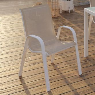 IDMarket Lote De 4 Sillas De Jard&iacute;n Apilables Lyma De Metal Y Textileno, Blanco Y Beige