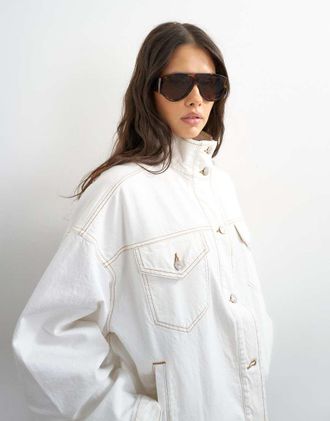 Topshop Giacca in denim color osso con collo a imbuto e fondo elasticizzato-Neutro