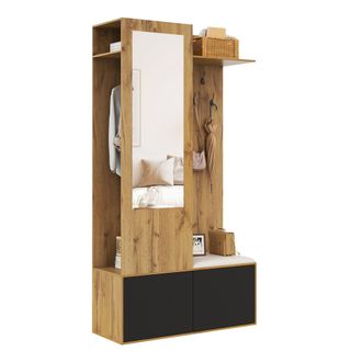 STILVORA Muebles De Entrada Con 5 Ganchos, Espejo, 2 Zapateros Y Banco, Estilo Moderno, En Mdf, Negro Y Natural, 100&times;38&times;191 Cm