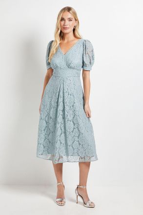 Wallis Womens Petite Lace V Neck Tea Midi Dress - Turquoise Polyamide - Size 16 UK