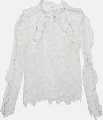 Self Portrait White Floral Guipure Lace Ruffled Full Sleeve Top
