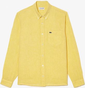 Lacoste Mens Regular-Fit Linen Shirt - Yellow - Size: 40/Regular