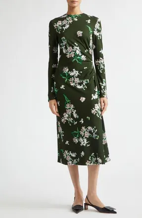 Erdem Floral Long Sleeve Ponte Midi Dress in Painted Orchid Forest Green at Nordstrom, Size 10 Us