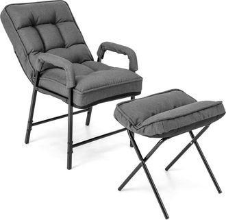 Costway Costway Silla Moderna Con Otomana, Sill&oacute;n De Tela De Lino Con Respaldo Ajustable Y Marco De Metal S&oacute;lido, Juego De Sill&oacute;n Individual Y Reposapi&eacute;s Tapi