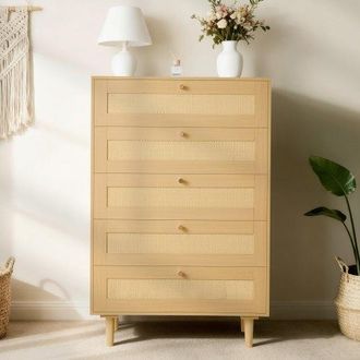 OEM C&oacute;moda De Rat&aacute;n Con 5 Cajones, Tiradores Y Patas Met&aacute;licas, Amplio Espacio De Almacenamiento, Mueble Moderno Para Dormitorio, Sal&oacute;n O Recibidor, 70,2 