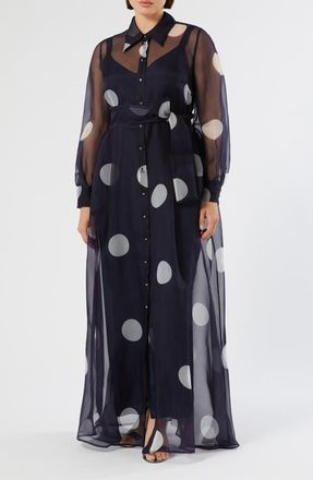 Marina Rinaldi Edurata Polka Dot Long Sleeve Silk Organza Maxi Shirtdress in Ultramarine at Nordstrom, Size 16W