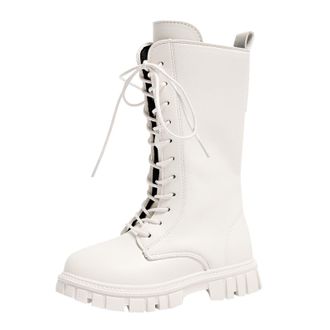 Generic Girls Knee-High Demon Boots Lace Up Warm Plush Lined Mid Calf Easy to Put On Long Boot School Shoes Walking Bootie Non Slip Waterproof Pu Leather Side