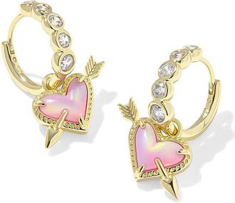 Kendra Scott Ari Heart Arrow Huggie Womens Earrings Earring Gold Pink Opalescent Resin, Brass/Cubic Zirconia/Rhodium-Plated