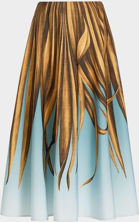 Oscar De La Renta Palm Print A-Line Midi Skirt