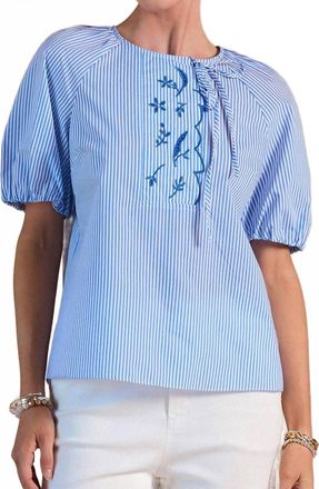 Current Air Striped Embroidered Short Sleeve Blouse In Blue Stripe