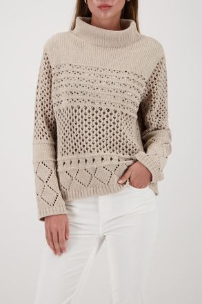 Monari Strickpullover MONARI Pullover Chenille Ajour, Damen, Gr. 38, beige, Strick, Obermaterial: 100% Polyester, unifarben, regular fit taillenbedeckt, Rund