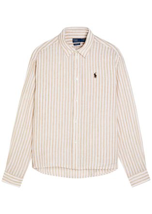 Polo Ralph Lauren Logo-embroidered Striped Cropped Linen Shirt - White - XL (UK16 / XL)