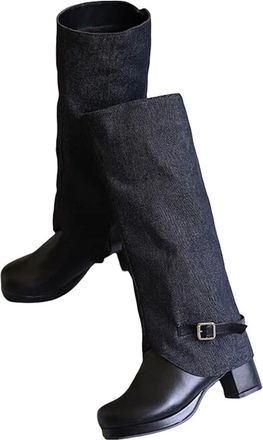 Generic Womens Knee High Platform Boots Round Toe High Square Heel Slip On Design With Decorative Buckle For Parties