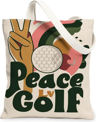 Generic Golf Peace Canvas Tote Bags, Stylish Golf Ball Hand Design Reusable Grocery Bags, Summer Casual Lightweight Washable Should, Beige, 13x15 Inch
