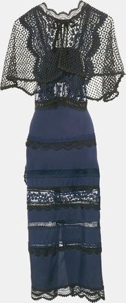 Self Portrait Navy Blue Bellis Lace & Crepe Cape Sleeved Maxi Dress