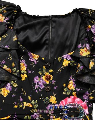 Dolce & Gabbana Womens Black Purple Crystal Brooch Silk Midi Dress And Elastane