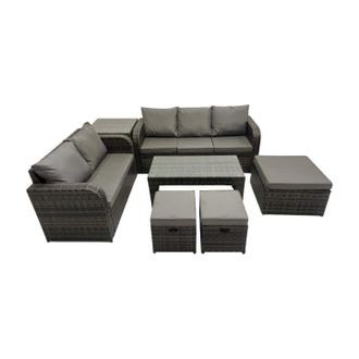 Fimous 3 Seater Sofa Love Sofa Coffee Table with 3 Footstools Side Table in Dark Grey