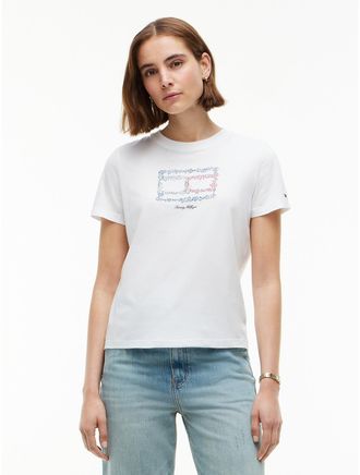 Tommy Hilfiger Womens Relaxed Fit Floral Flag Logo T-Shirt - Ecru - XL